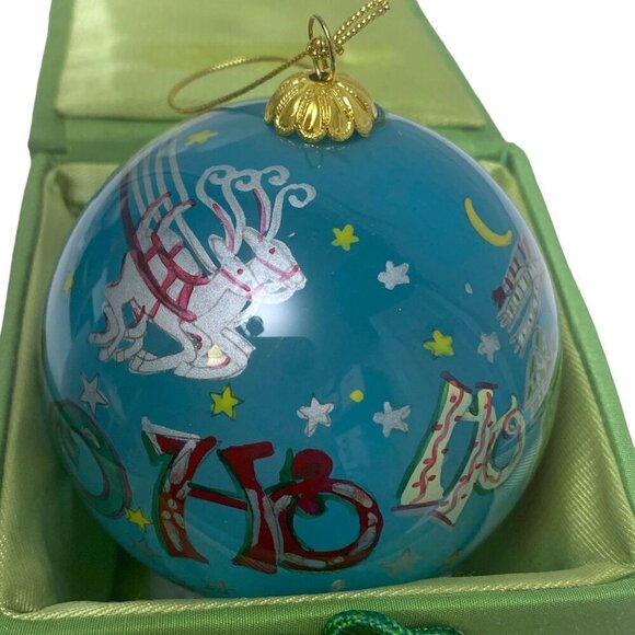 Christmas Ornament Blue Santa with Sleigh Reverse Glass Painted Le Bien Blue - Picture 5 of 11